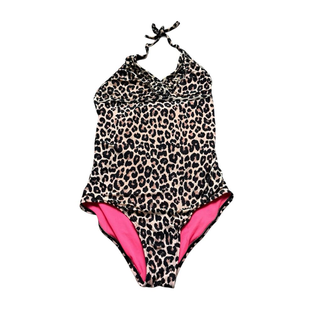 Girls 7 Brown Black Leopard Print Pink Lined Halter Ruffle One Piece Swimsuit